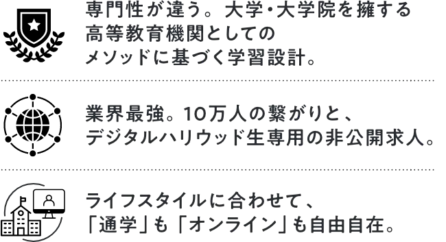 専門性が違う。大学・大学院を擁する高等教育機関としての メソッドに基づく学習設計。業界最強。10万人の繋がりと、 デジタルハリウッド生専用の非公開求人。ライフスタイルに合わせて、 「通学」も「オンライン」も自由自在。
